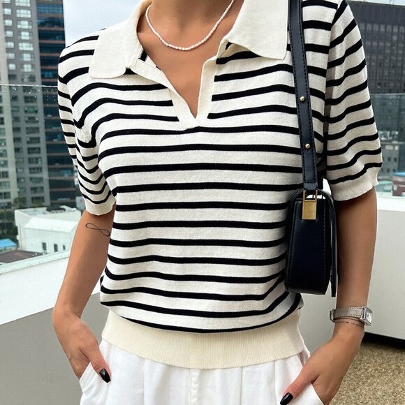 Black and White Casual Women's Striped Pattern Knit Top - Picture 3 of 8